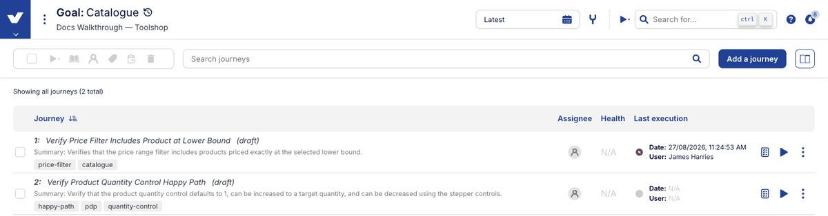 Step 9: created journeys in the goal list, as drafts