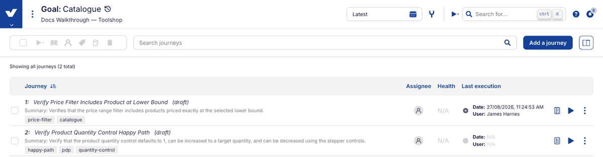 Step 9: created journeys in the goal list, as drafts