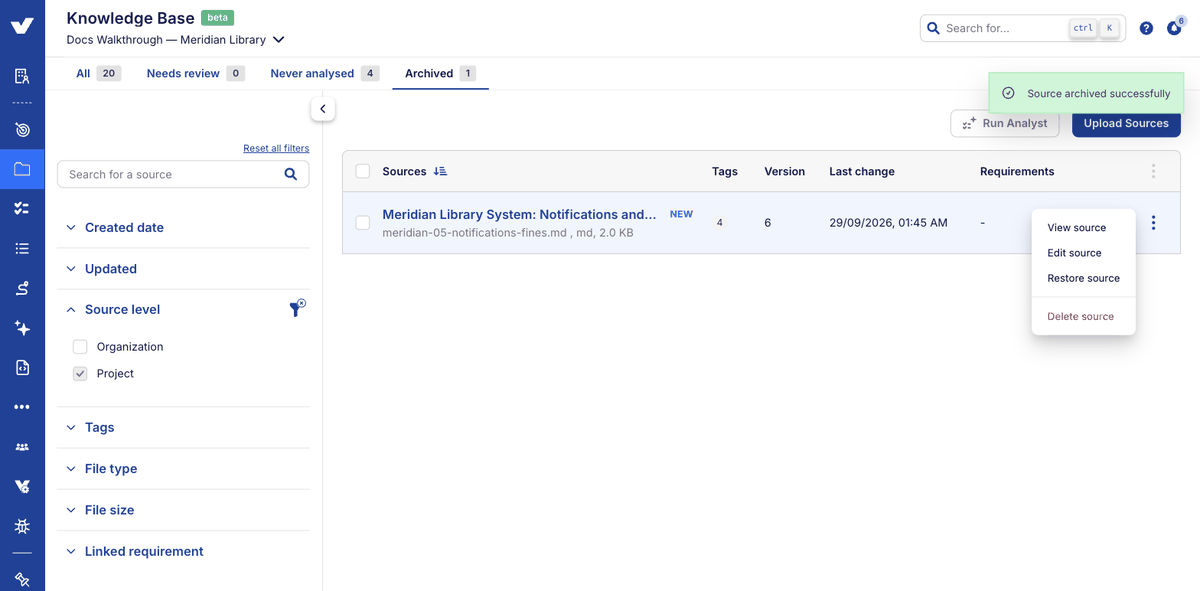 Step 10: an archived source, with restore and delete available