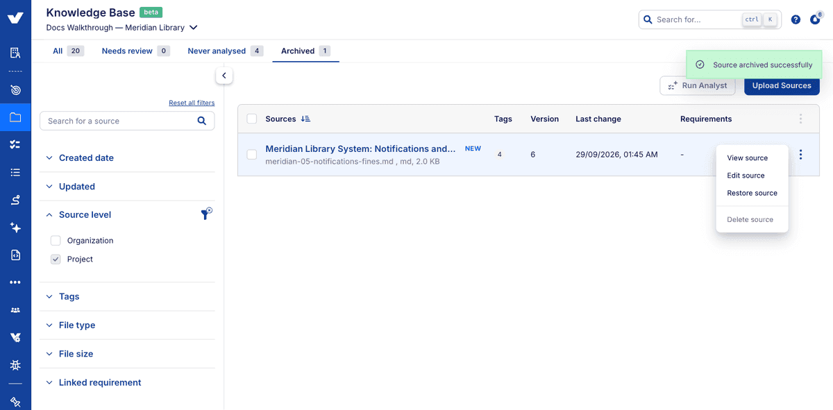 Step 10: an archived source, with restore and delete available