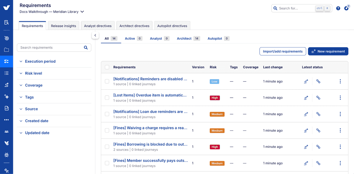 Step 15: created requirements in the project