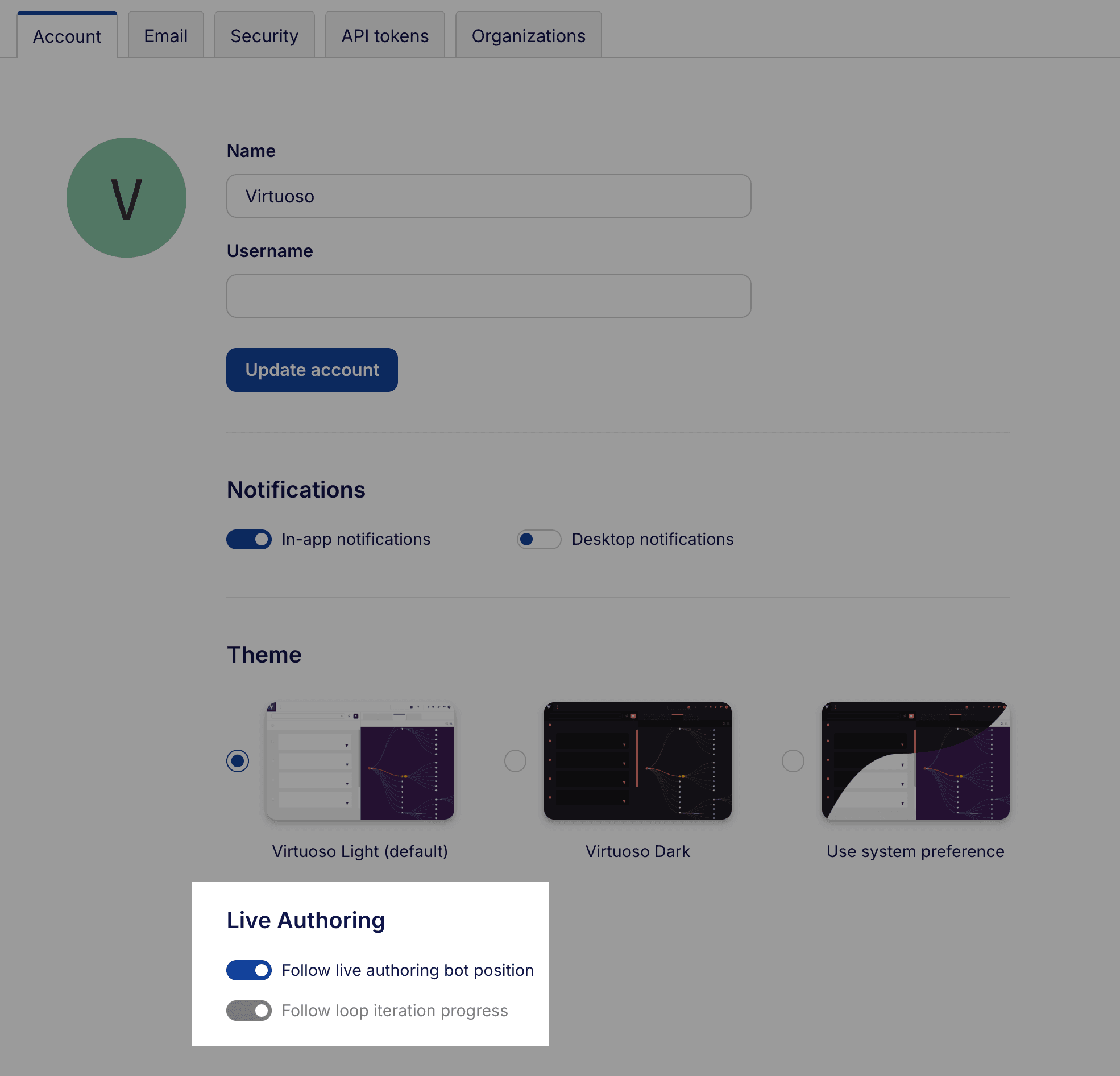 Live bot tracking user profile settings