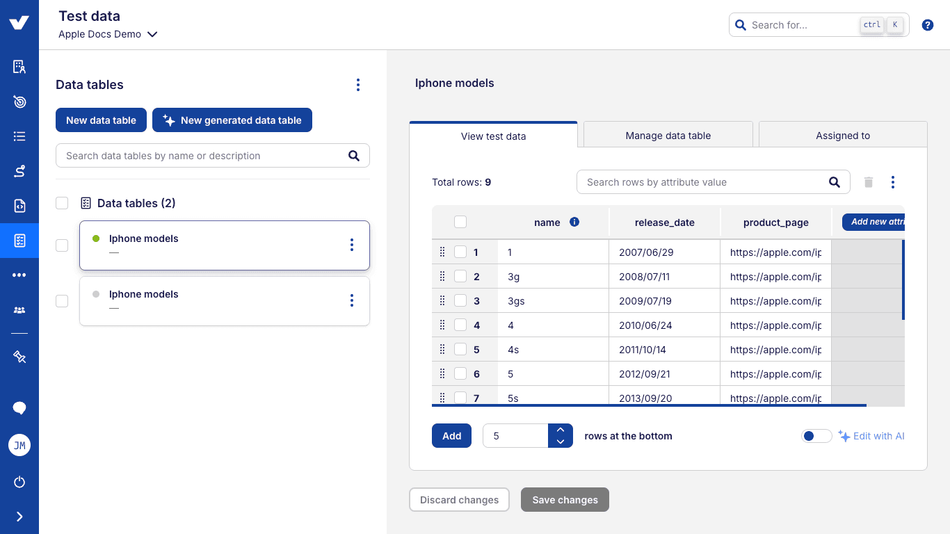 View test data table