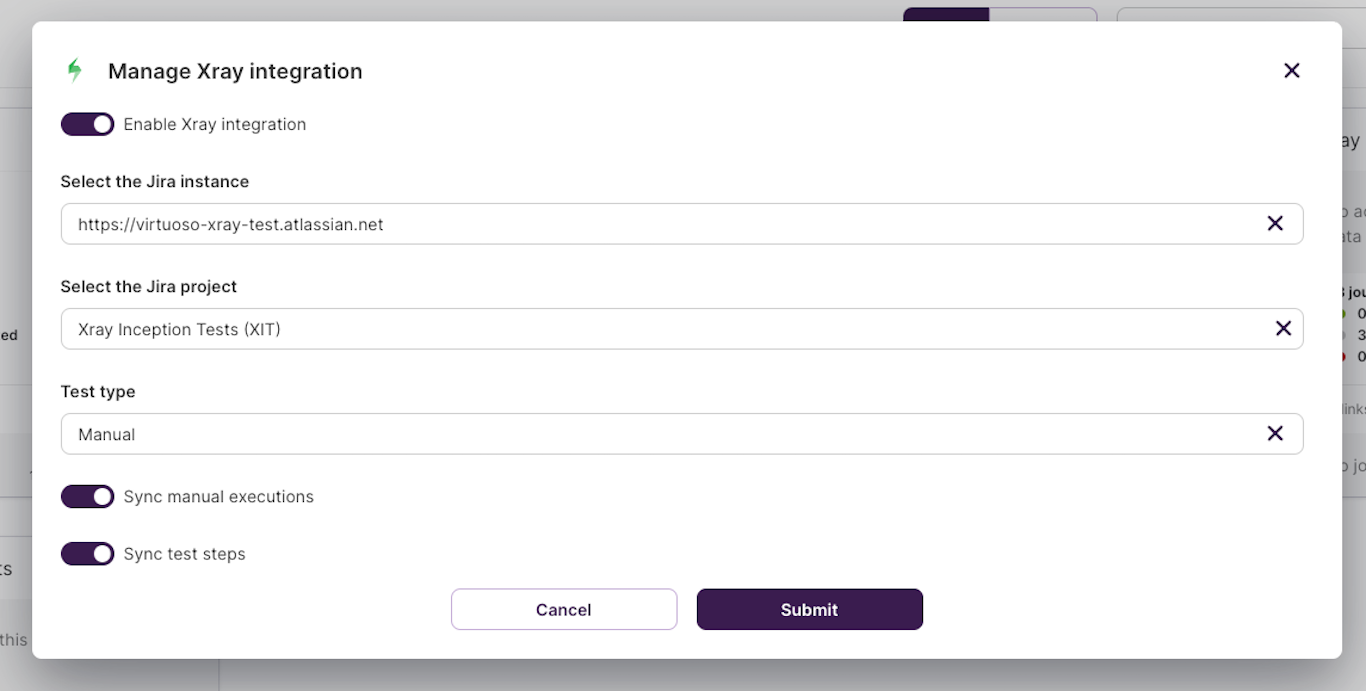 Xray project integration modal form